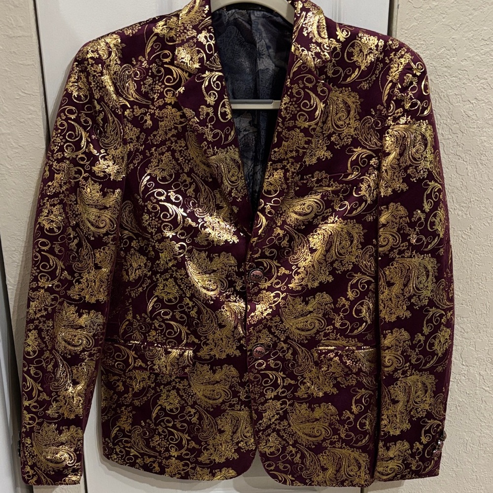 Gold and Burgundy Velvet Paisley Blazer - Picture 5 of 14